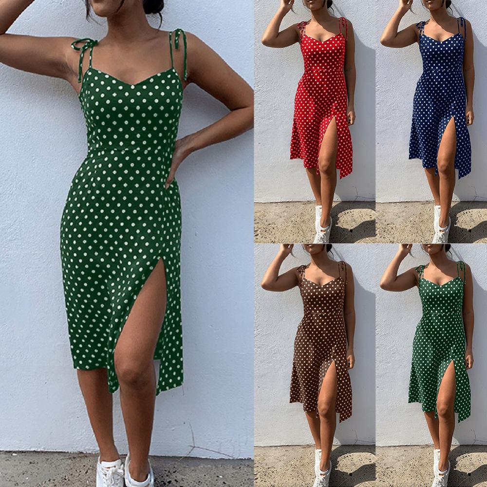 80% Hot Sell Women Sexy Spaghetti Strap Lace Up Polka Dot Split Hem Backless Summer Dress