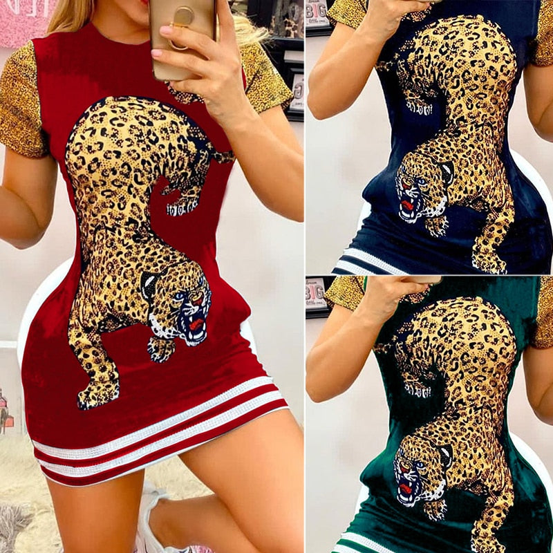 2021 Women Sexy Daily Wear O Neck Cute Tiger Animal Print Short Sleeve Casual Summer Vintage Mini Bodycon Party Dress