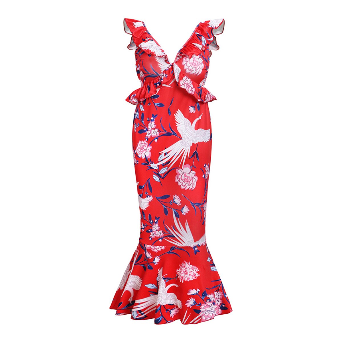 Bohemian Ruffled Ladies Tight Floral Dress Sleeveless Deep V Neck Halter Holiday Dress Fashion Elegant Beachwear