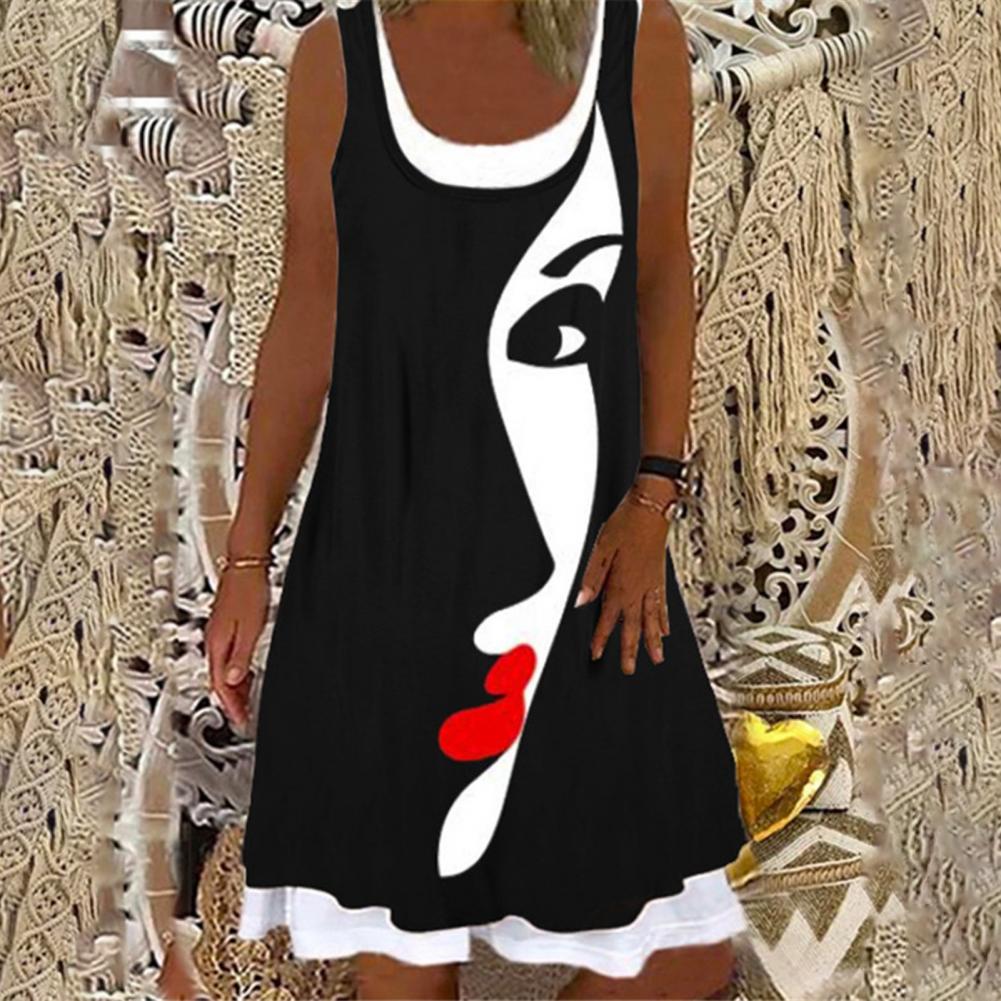 Women Loose Dress Face Oil Painting Printing Sleeveless Fake Two-piece Leisure Dress Daily Wear платье летнее женское2021