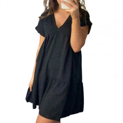 80% Hot Sell Mini Dress Solid Color V Neck Women Short Sleeve Ruffles Dress for Dating