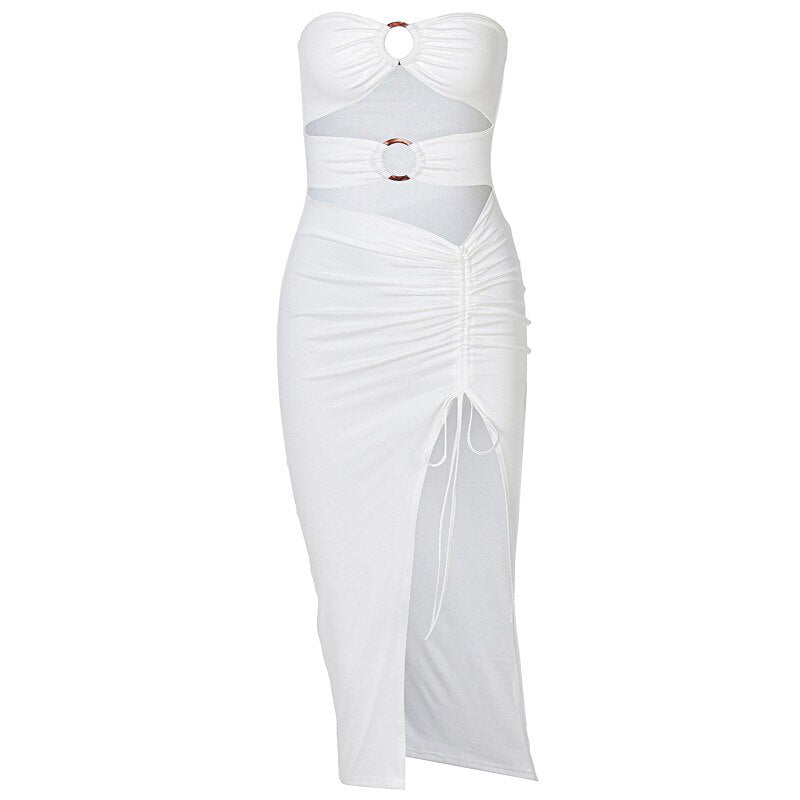 Woman's Dress Summer New Sexy Slim Sleeveless Hollow Fold Split Dress Slim Solid Color Off Shoulder Bodycon Dress 2021 Fashion