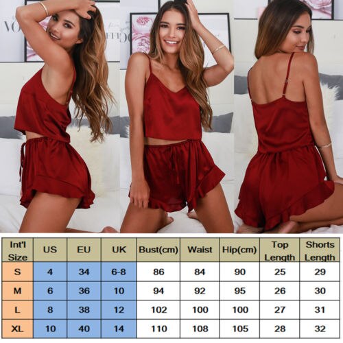 Summer Women Sexy Pajamas Sets 2018 New Summer Silk Sleeveless Crop Top Pijamas Sleepwear Deep V Sling Lingerie Set S-XL