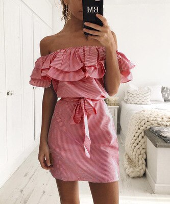 cute ruffles slash neck dress female summer striped pink dress off shoulder sexy bodycon short dress mujer mini vestidos