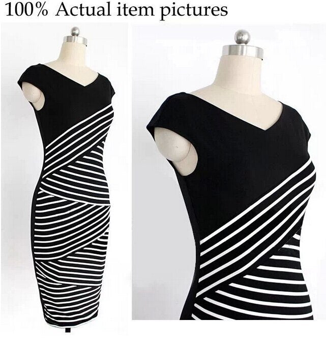 New Vestido Black And White Stripes Large Size Summer women's Dress Slim Pencil Dresses Clothing Vestidos LBD1481