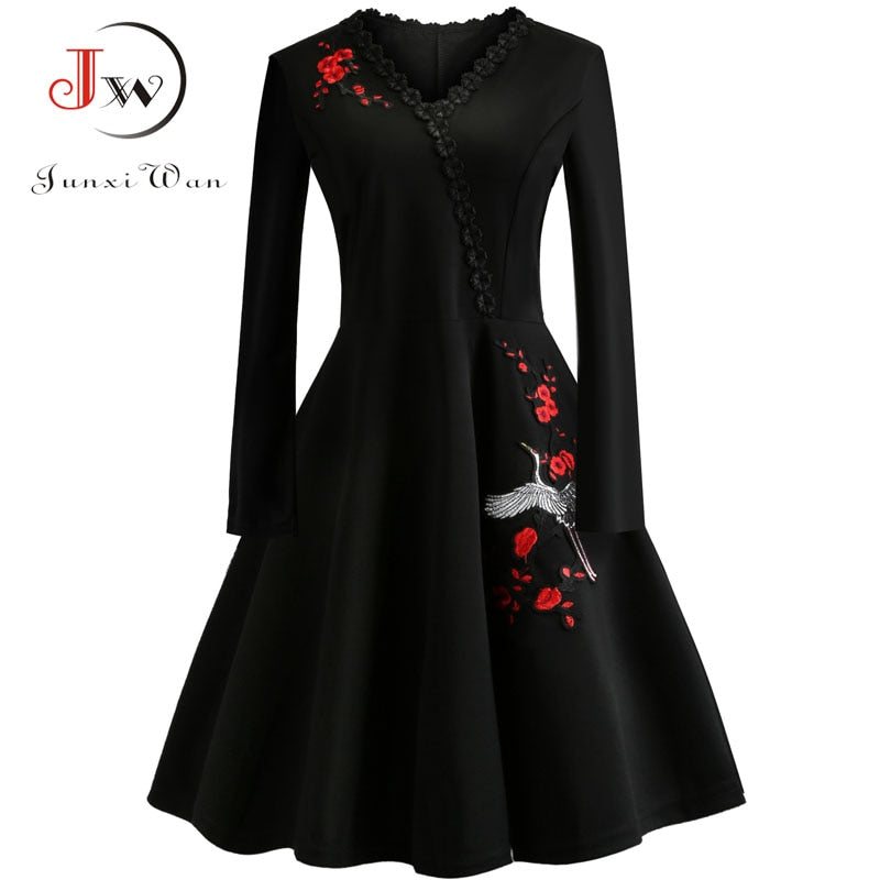 4XL Plus Size Women Embroidery Vintage Dress Black Elegant Bodycon Party Dresses Long Sleeve Casual Autumn Winter Vestidos