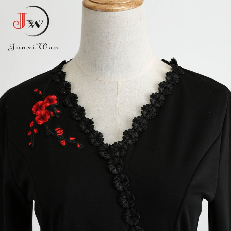 4XL Plus Size Women Embroidery Vintage Dress Black Elegant Bodycon Party Dresses Long Sleeve Casual Autumn Winter Vestidos