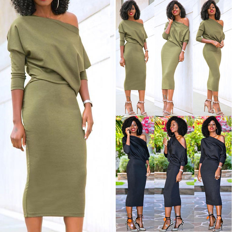 arrival Women's Casual Long Sleeve Off Shoulder Pencil Dress Bandage Bodycon Evening Party Dress Solid Black Green