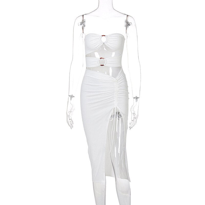 Woman's Dress Summer New Sexy Slim Sleeveless Hollow Fold Split Dress Slim Solid Color Off Shoulder Bodycon Dress 2021 Fashion