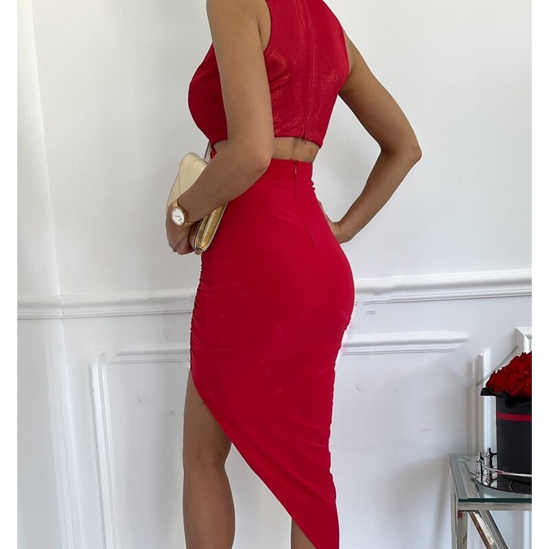 Summer High Waist Hollow Out Sleeveless Irregular Red Dress Women V-neck Sheath Bodycon Pleated Slim Party Dress 2021