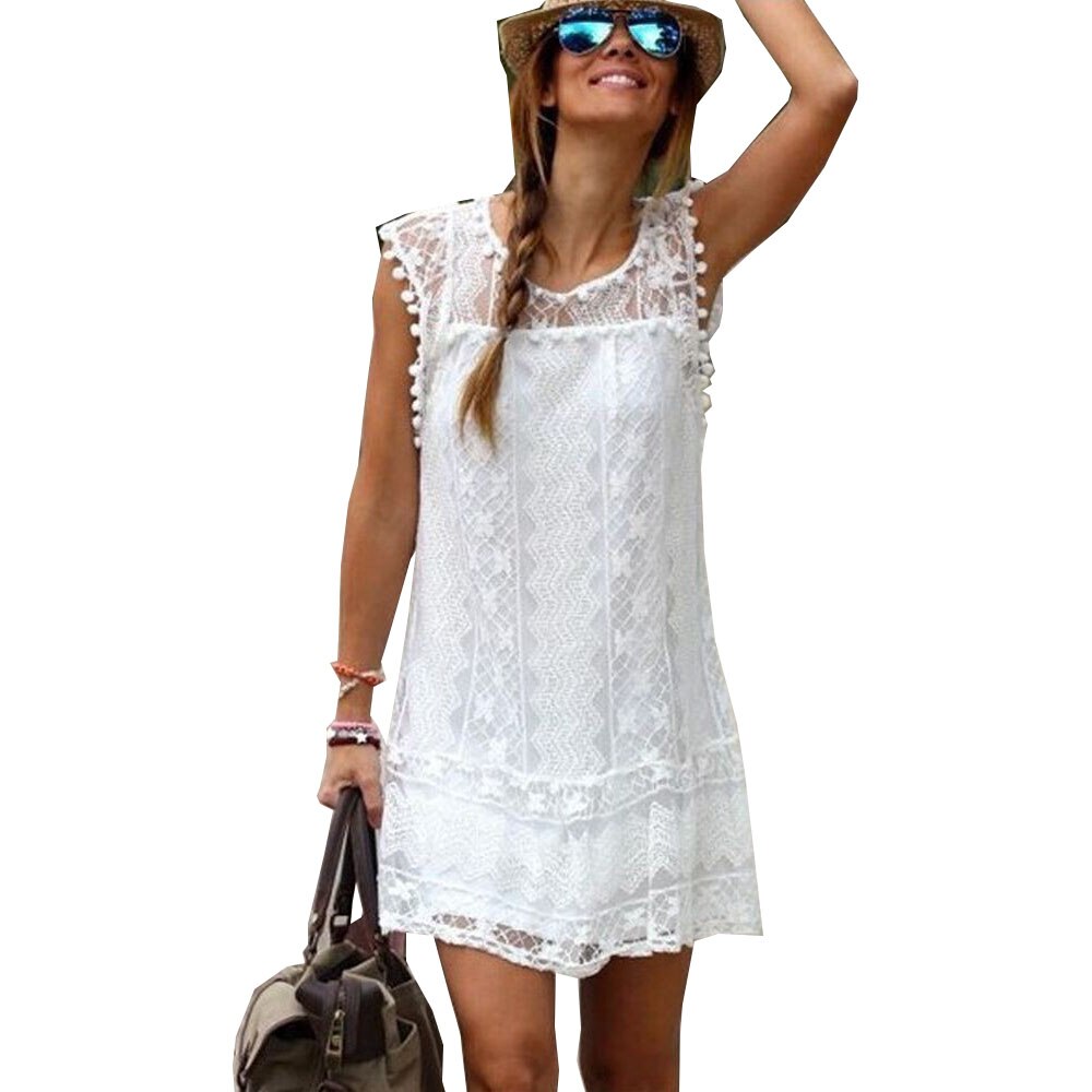 Wholesale Women Summer Dresses 2021 AliExpress New European White Lace Plus Size Sleeveless Dress Vestidos WSP9074