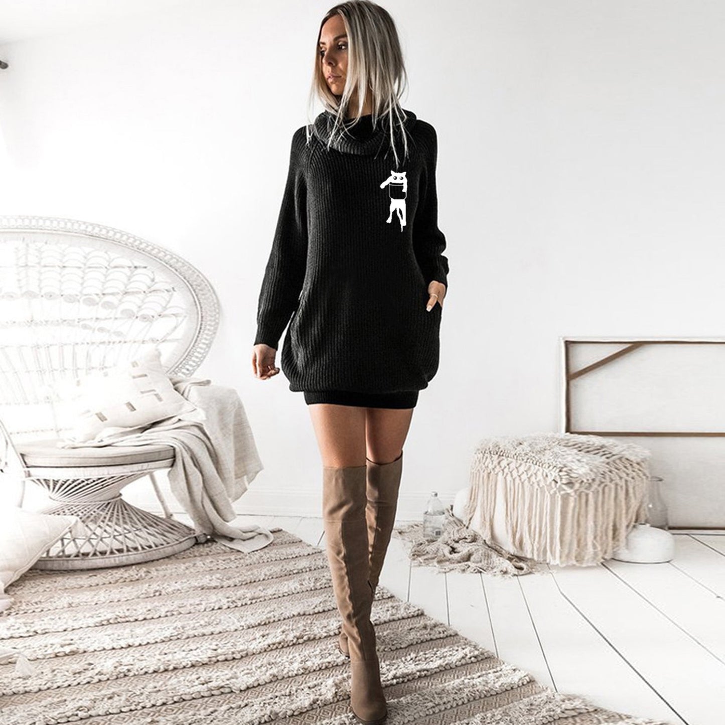 Cute Turtleneck Knitted Sweater Dress Woemn Autumn Winter Slim Long Sleeve Knitting Mini Dress for Women Casual Party Dresses