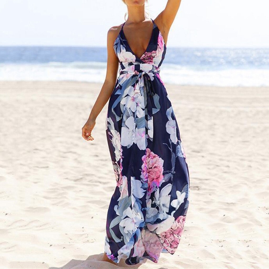 Dresses Summer 2021 Ladies Fashion Floral Print Bodycon Dress Elegant Sleeveless Halter Backless Beach Party Long Sundress