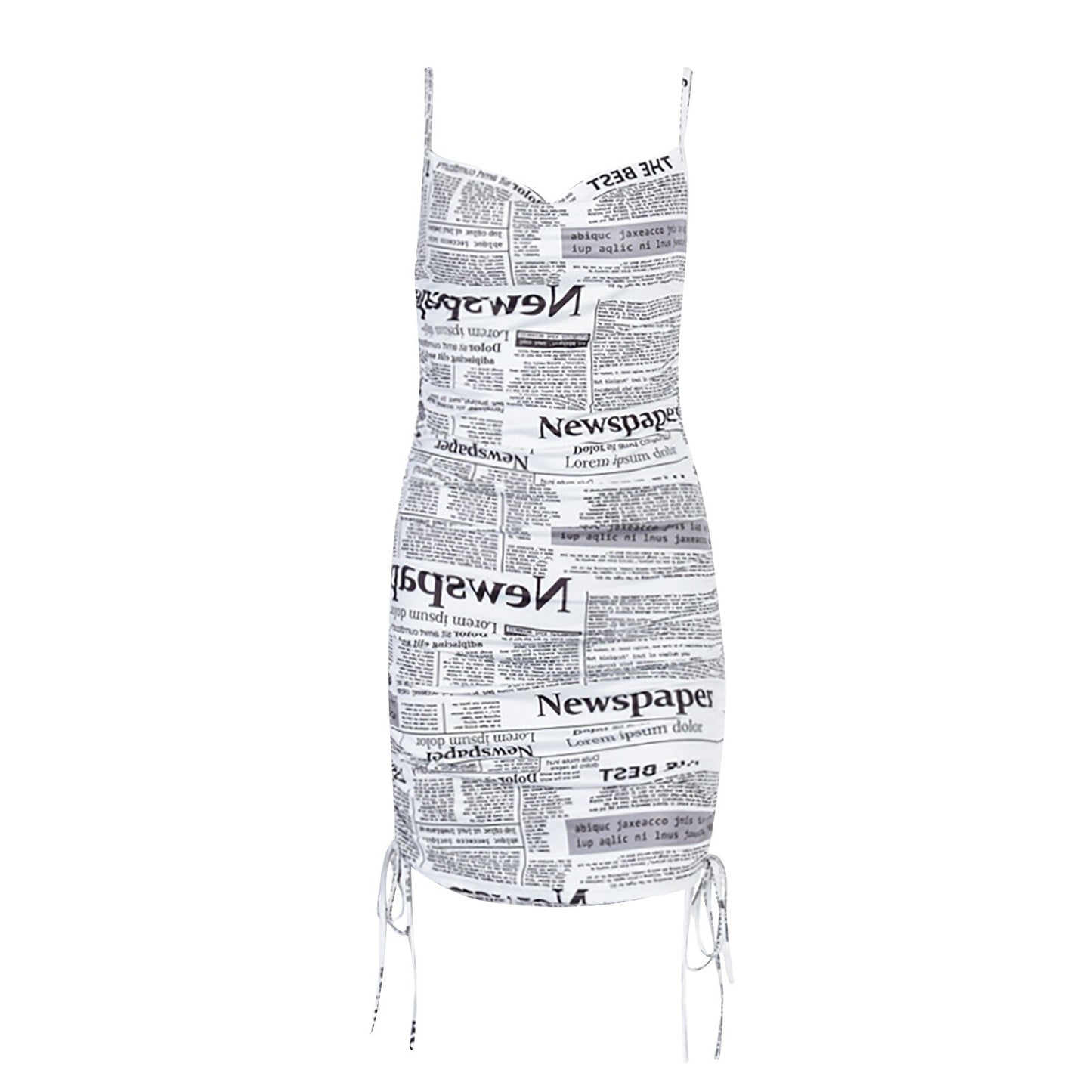 DAIGELO Plus Size Printed Mini Dress Ladies 2021 Women Party Newspaper Print Drawcord V-neck Halter Dress Sexy Party Mini Dinner
