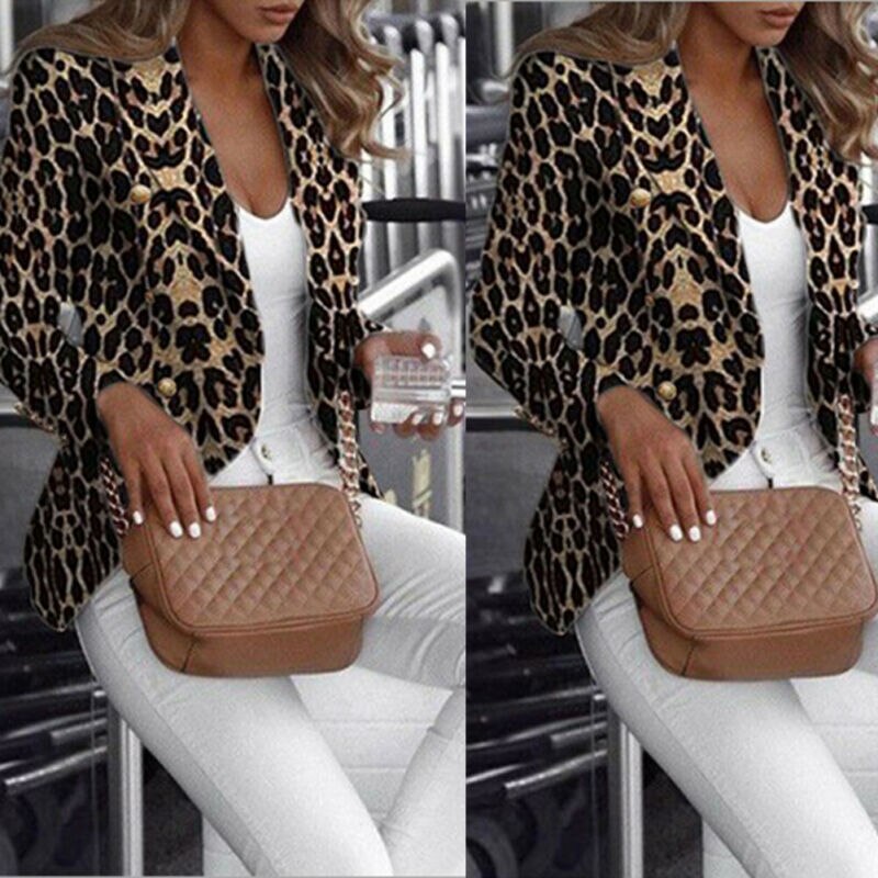 Leopard Printed Women Long Sleeve Slim Fit Blazer Suit Ladies Formal Business Coat Duster Jacket