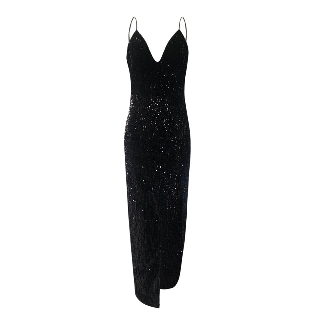 Sleeveless Long Sequin Dress Women High Slit Spaghetti Strap Dresses Sexy V-neck Club Party Dress Maxi Black Sequined#A3