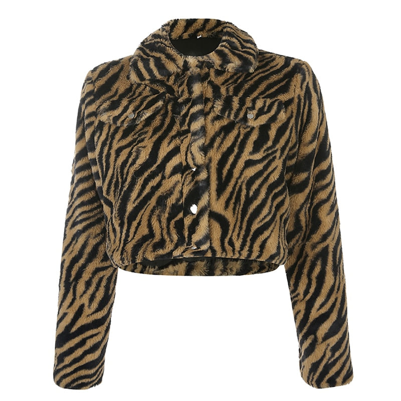 New Sexy Faux Fur Furry Winter Jacket Women Tiger Animal Print Coats Ladies Casual Long Sleeve Overcoat Autumn Warm Streetwear
