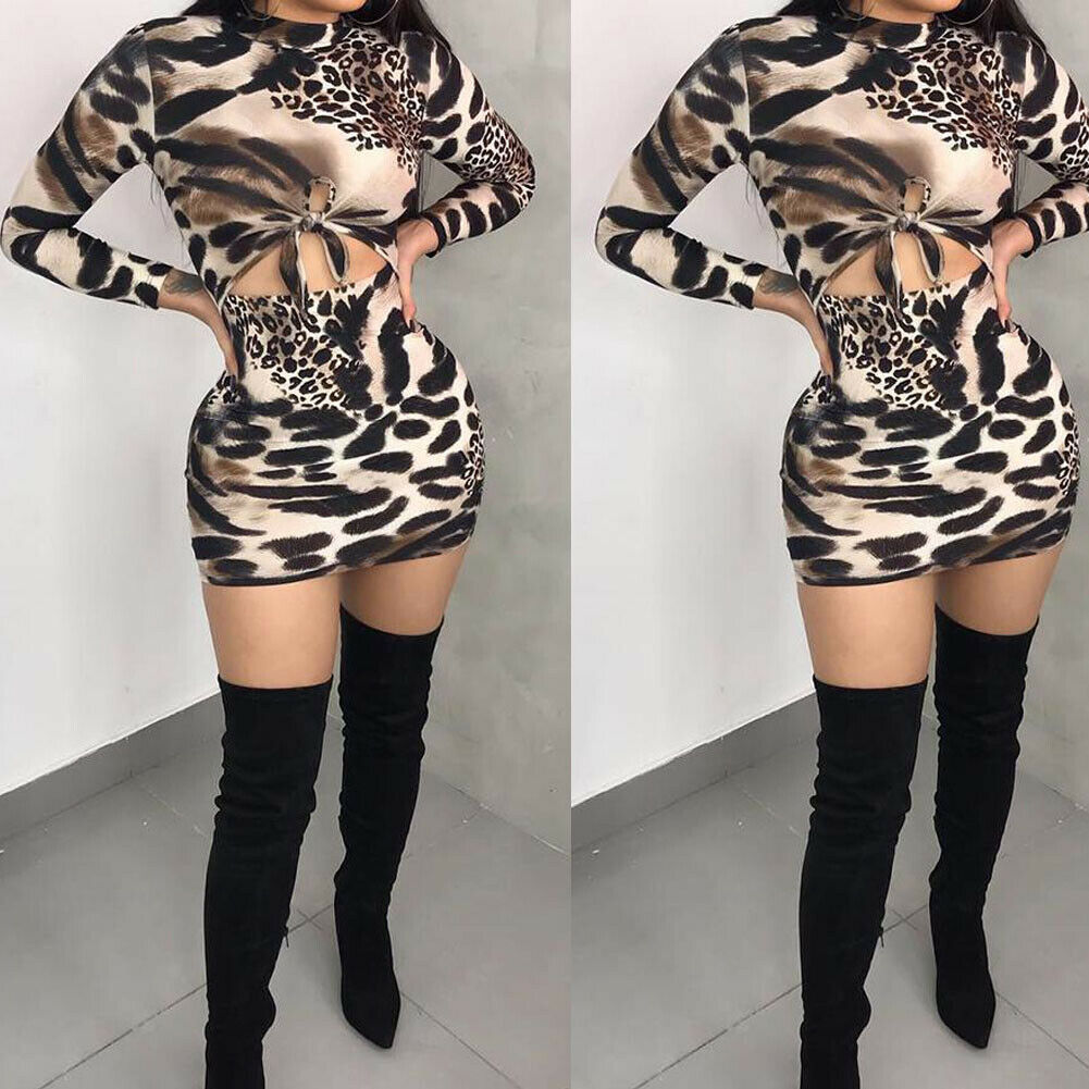 Leopard Print Sexy Hollow Out Women Summer Dress 2019 Long Sleeve O-Neck Bodycon Pleated Short Dress Casual Beach Party Dresses