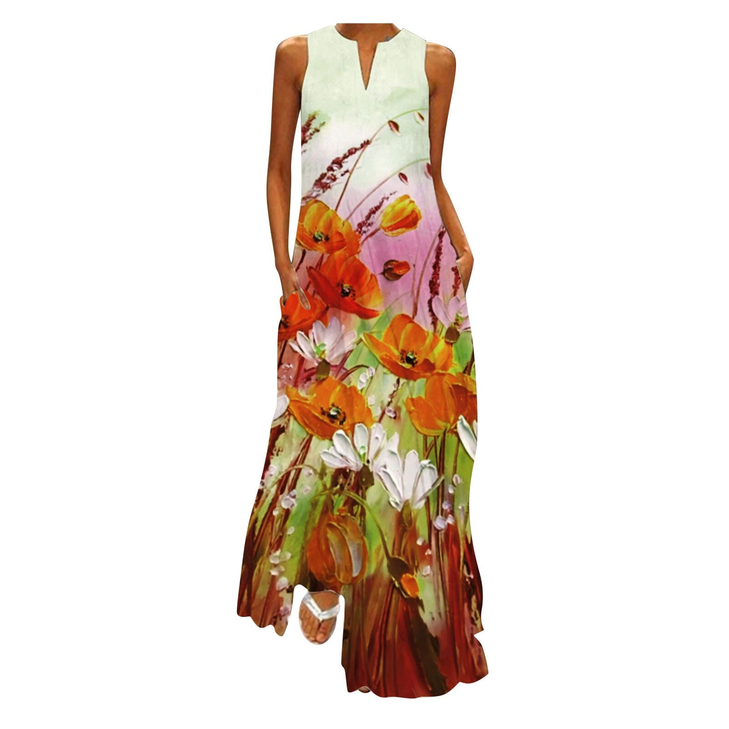 Women Sleeveless Floral Print V-neck Maxi Dress Summer Party Wear Evening Party Dresses Plus Size Casual Loose Robes Vestidos