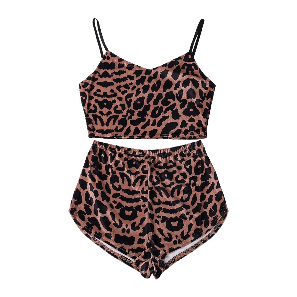 Women Sleeveless Leopard Pajamas Set  V-neck Backless Camisole+Elastic Waist Shorts Lady 2Pcs Homewear Outfits