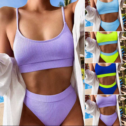 Women's Swimsuits 2021 Two Piece Bathing Suits High Waisted Bikini Crop Top High Cut Bottom Swimsuits Solid Color Sexy Bikinis