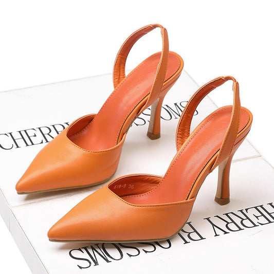 Korean fashion slim heel high heel pu leather shallow pointed hollowed-out small Sexy Party Thin Heels High heels