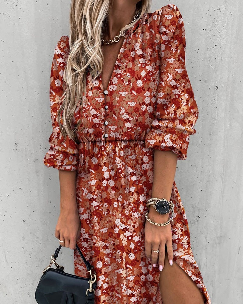 Long Dress Woman Autumn Spring Fashion Casual Purple Floral Long Sleeve Button Up Side Slit Dresses Clothes New Arrival 2021