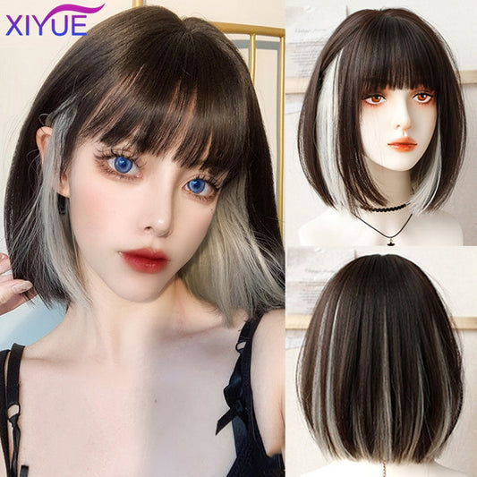XIYUE Synthetic Wigs for Women Ombre Brown Mixed White Wigs with Bangs Layered Cosplay Wigs Heat Resistant Medium Length Wig