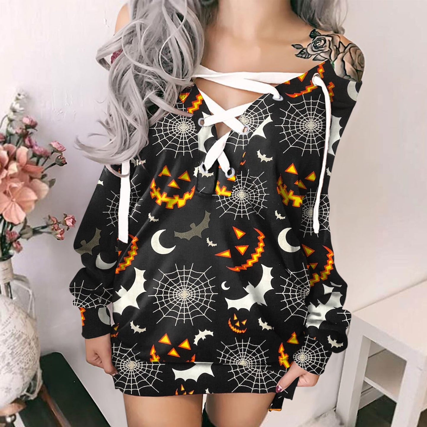 Halloween Dresses For Women Fashion Casual Prints Dress Off-shoulder Strappy Mini Dress Long Sleeves Vestidos Mujer Verano
