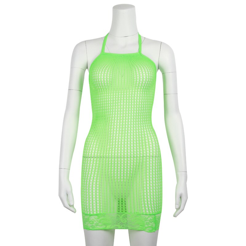 Green Yellow Neon Dress For Women Sexy Party Club Wear Hollow Out Fishnet Mini Dresses Female Halter Bodycon Dress Robe Sexy