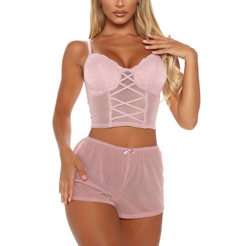 2pcs Pajama Set Sexy Lace Thin Breathable Solid Color Sleepwear Camisole+Shorts Women's Pajamas Sets Bodycon Intimate New