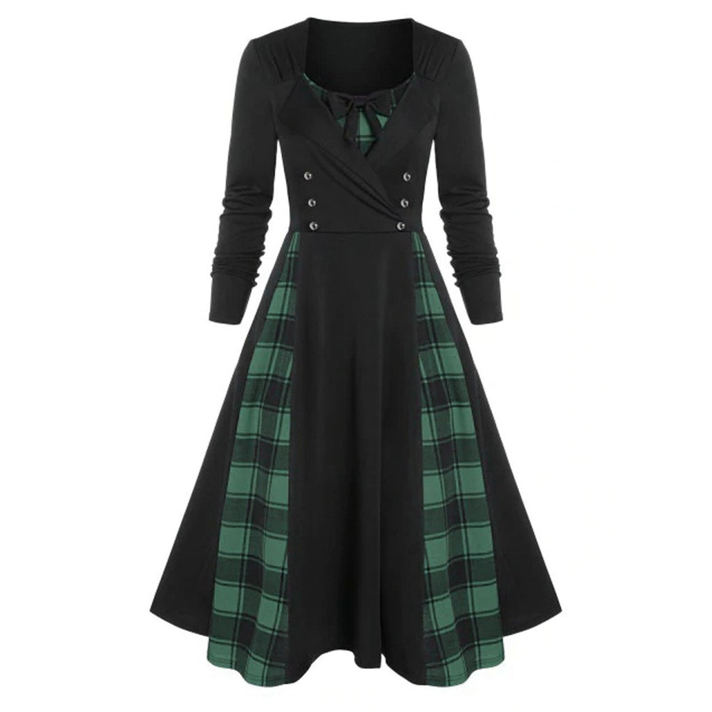 Wipalo Vintage Dress Women Hooded Plaid Mock Button Overlap Midi Dress Gothic Punk Long Sleeve Casual Sexy Party Dress Harajuku