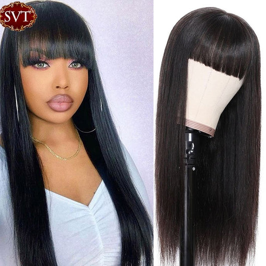 SVT Indian Straight Wig With Bangs Natural Color Remy  Human Hair Wigs  100% Machine Made Wig For Black Women