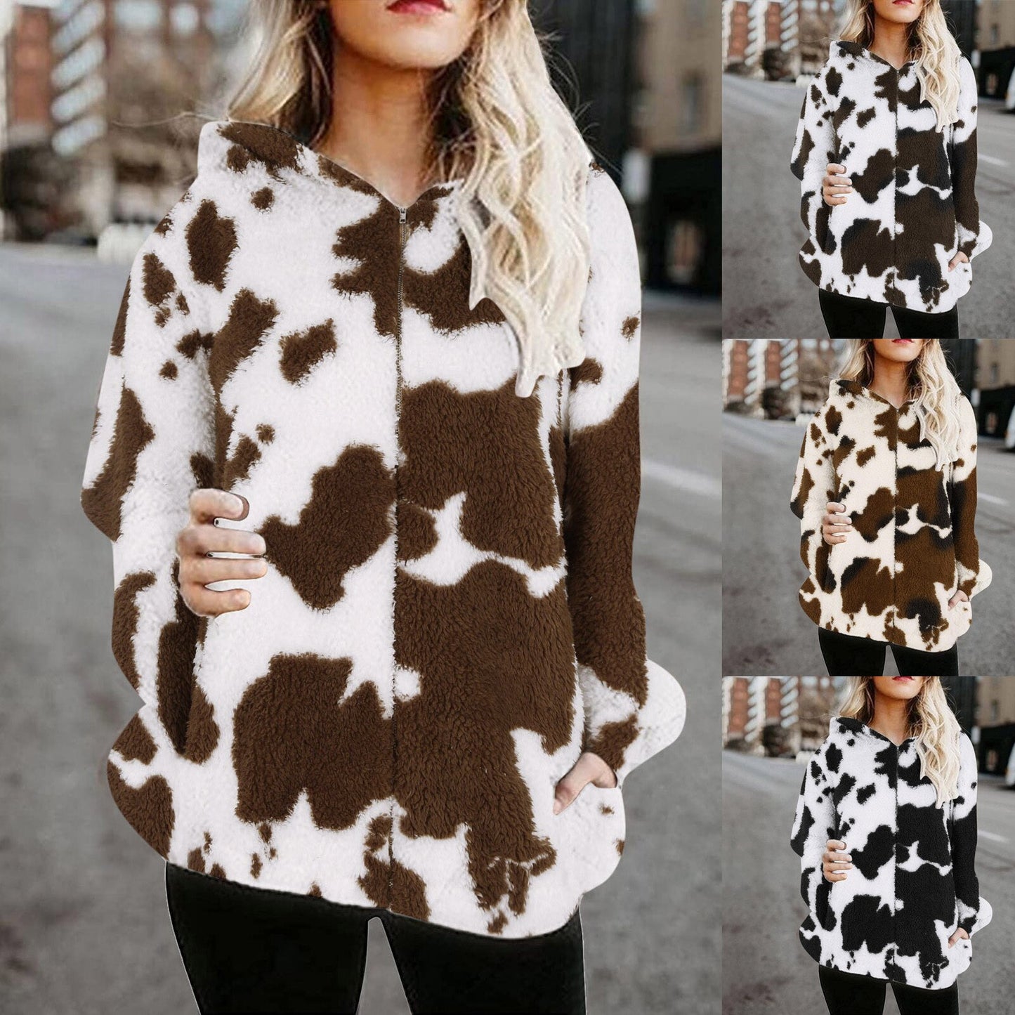 Cow Printing Women 2021 Winter Jackets Zipper Long-sleeved Sweatshirts Streetwear Cashmere Warmth Thick Coat Loose Hoodies