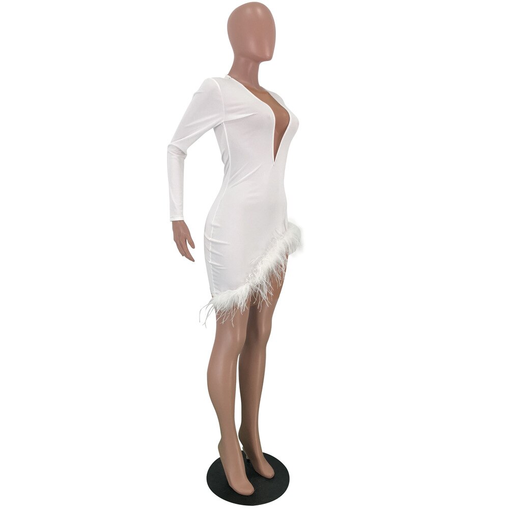 Elegant Deep V-Neck Mesh Dress Women Sexy Hollow out Long Sleeve Mini Dress Feather Tassel Slit Bodycon Party Dress