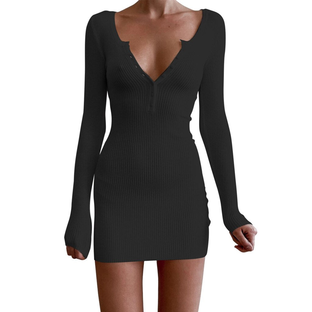 2021 New Women Knit Sweater Dresses Long sleeve heart-neck Casual Fashion Woman Slim-fit Tight Knitted Sweaters Pullover Dress