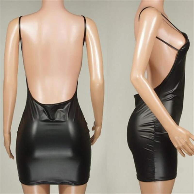 Sexy Faux Leather Backless Dress Club Party Short Dress Solid Black Wet Look Latex Bodycon Push Up Bra Mini Micro Dress