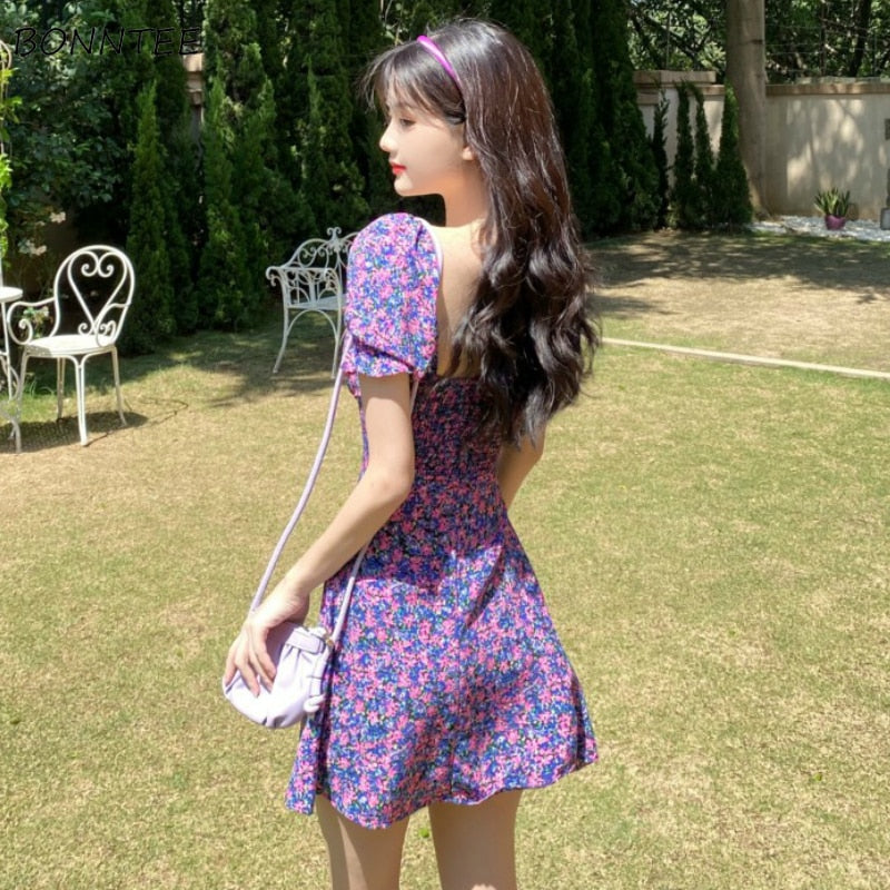 Dress Women Holiday Sweet Trendy Summer Femme A-Line Sundress Backless Design Korean Floral Purple Puff Sleeve Ladies Vestidos