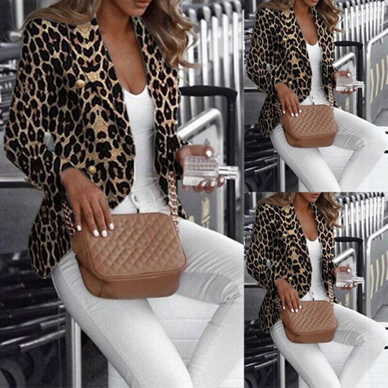 Leopard Printed Women Long Sleeve Slim Fit Blazer Suit Ladies Formal Business Coat Duster Jacket