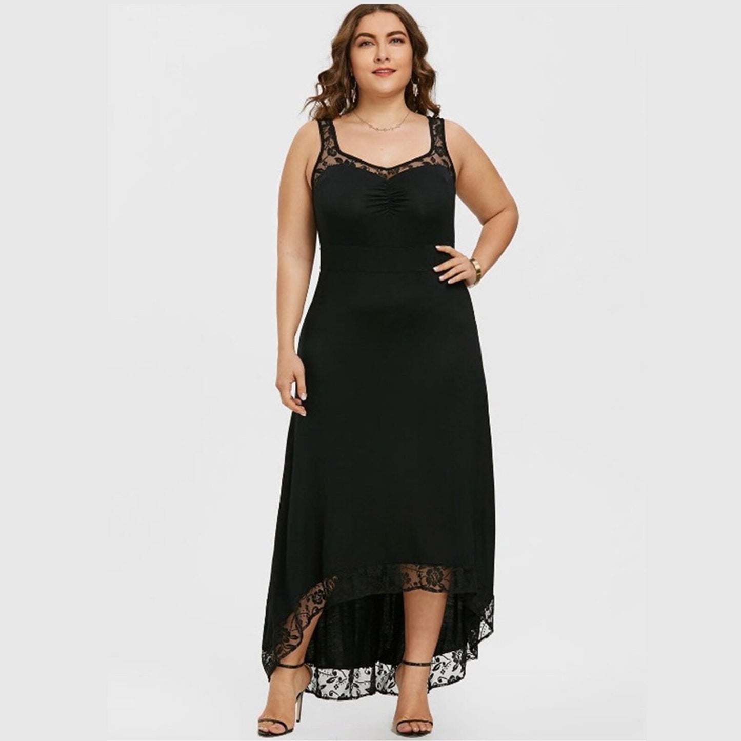 Sexy Long Dress Woman Plus Size Sleeveless Black Lace Tank Dress Summer Low High Hem Solid Party Club Dresses Robe Femme 2021