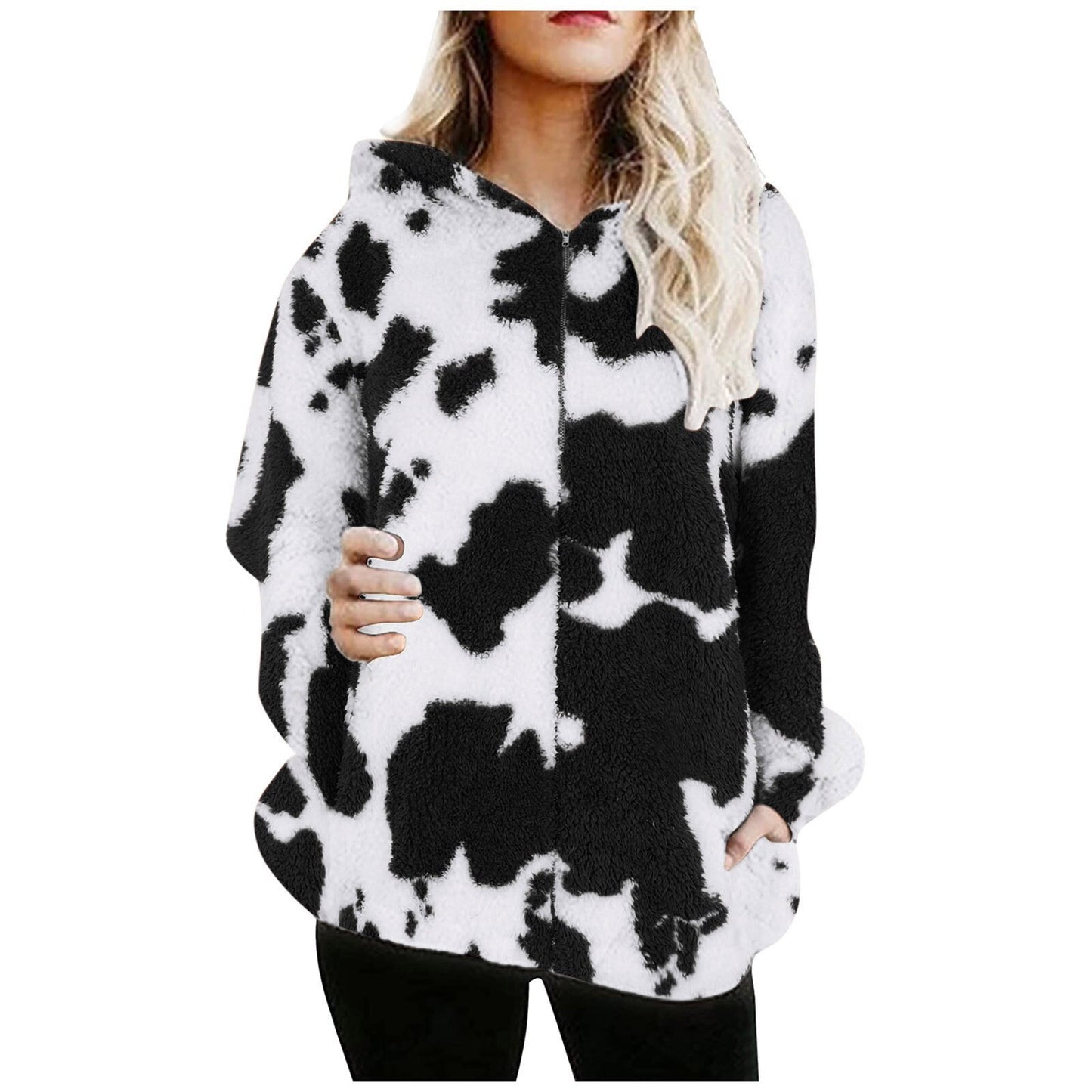 Cow Printing Women 2021 Winter Jackets Zipper Long-sleeved Sweatshirts Streetwear Cashmere Warmth Thick Coat Loose Hoodies