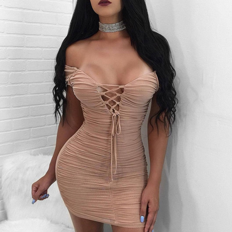 Women Sexy Off Shoulder V Neck Evening Party dress Hollow Lace Bodycon Party Mini Dresses Bust Tie Bodycon Ruched Dress