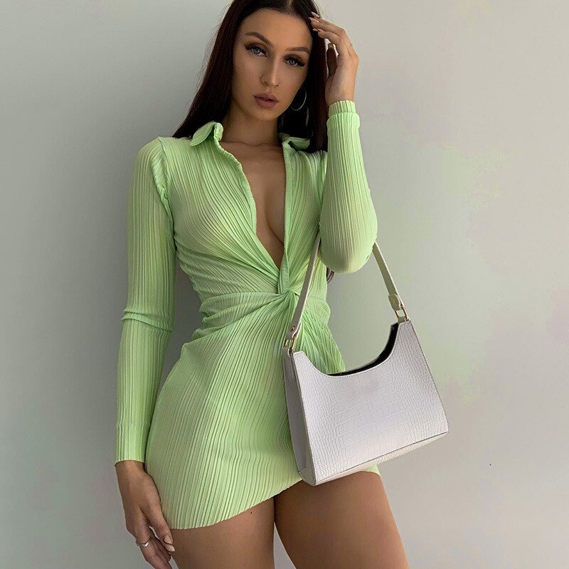 Green Ruched Dresses 2021 Autumn Long Sleeve Turn Down Collar Bodycon Dress Cotton Button Up Mini Shirt Woman Dress Vestido
