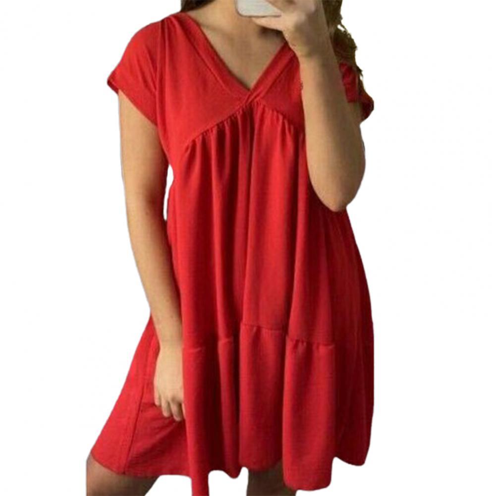 80% Hot Sell Mini Dress Solid Color V Neck Women Short Sleeve Ruffles Dress for Dating