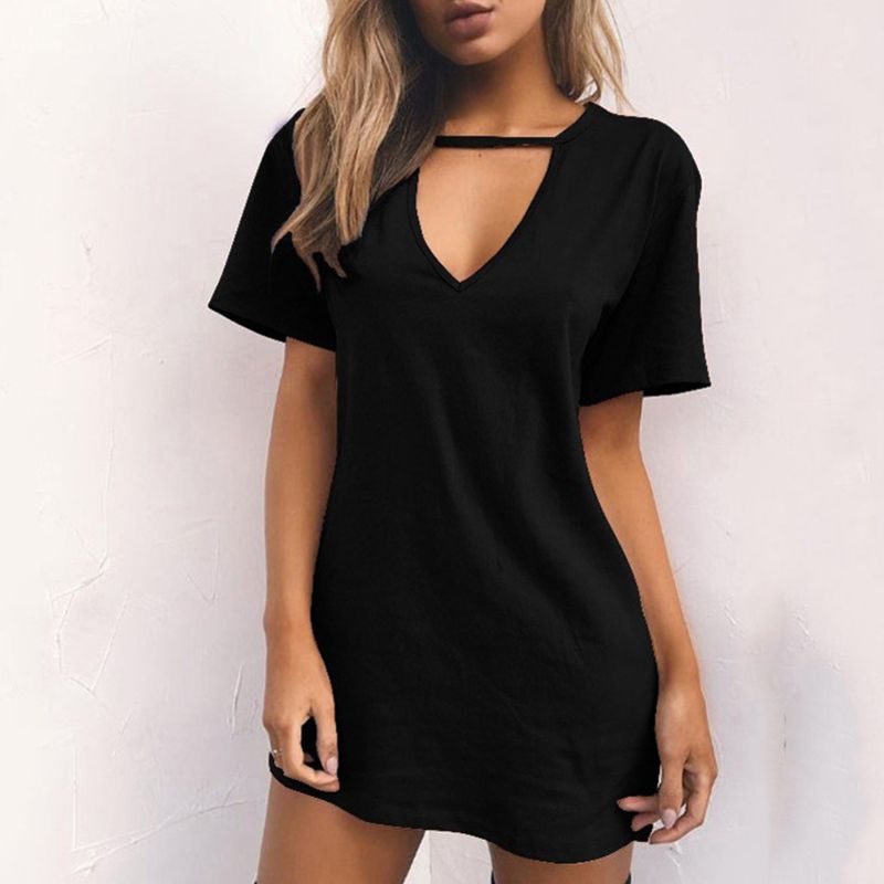 2021 Womens Tshirt Dress Choker Deep V-neck Summer Dresses Mini T-Shirt Dress Short Sleeve Ladies Casual Sexy Clothing Drop ship