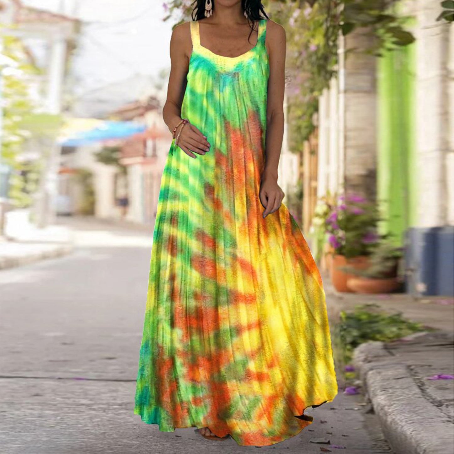 Fashion Vintage Tie-dye Long Dress Women Tropical  Backless Spaghetti Strap Maxi Dress Sexy Sleeveless Beach Dress
