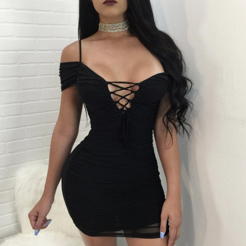 Women Sexy Off Shoulder V Neck Evening Party dress Hollow Lace Bodycon Party Mini Dresses Bust Tie Bodycon Ruched Dress