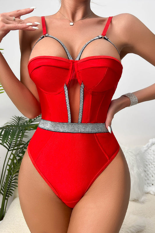 Red Silver Sparkly Strappy Mesh Cut-Out Thong Bodysuit Sexy Lingerie